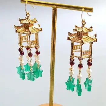 

Lii Ji Real Green Onyx Star Beads Freshwater Pearl Garnet Gold Filled Chinese Traditional Handmade Tassel Earrings