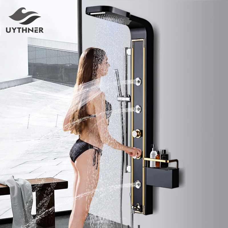 

Newly Luxury Black White Bathroom Shower Faucet Shower Panel Column Bathtub Mixer Tap With Hand Shower With Shelf 5-Function