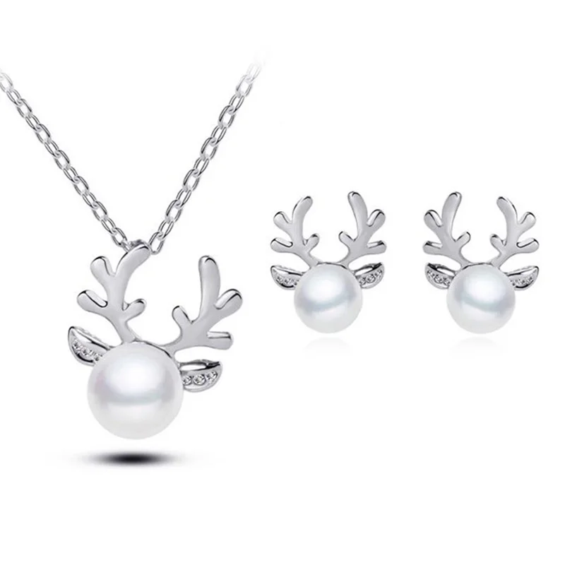 Модные популярные золотые серебряные рождественские жемчужные серьги с оленями для женщин, серьги-гвоздики и ожерелье для девочек, ювелирные изделия