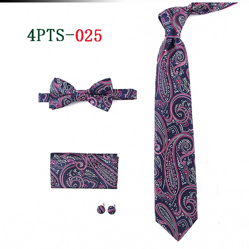 HOT 7.5cm Men Neck Tie Striped Paisley Necktie Bow Handkerchief Cufflinks Set Men's Party Wedding Pocket Square Bowtie Tie Sets