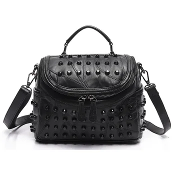 

2019 Fashion Women Messenger Bags Black Rivet Genuine Leather Shoulder Bag Sac a Main Crossbody Bags For Women Designer Handbags