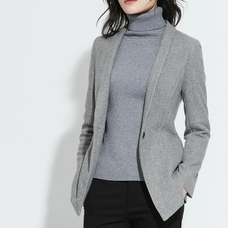 Elasticity Knitted Cotton Fabric Womens Blazers Long Sleeve Slim Fit