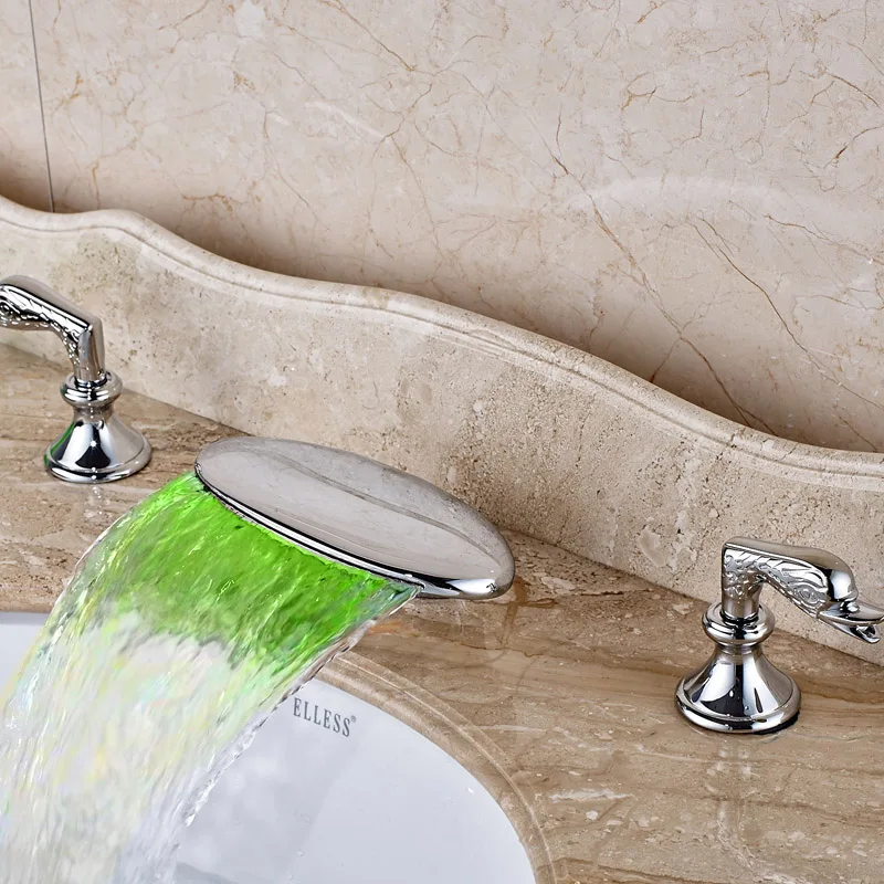 

LED Light Three Color Changing Chrome Finish Deck Mounted Wash Basin Sink Faucet