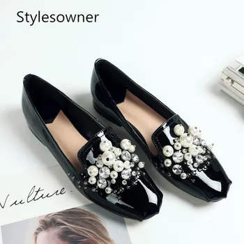 

Stylesowner Classic Woman Pumps Fashion Style with Pearl Slip-on Black and Nude Solid Cow Patent Leather Casual Low Heels Pumps