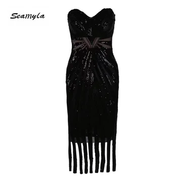 

Seamyla 2020 New Arrival Women Dress Sexy Strapless Black Fringe Evening Party Dresses Summer Bodycon Club Sequin Dress Vestidos