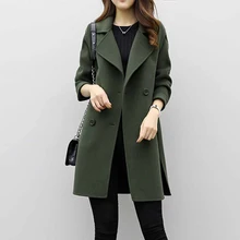 Autumn Elegant Women Lapel Long Sleeve Woolen Trench Coat Turn Down Collar Slim Double Breasted Trench Coats OL Female Overcoat lapel collar adjustable sleeve trench coat