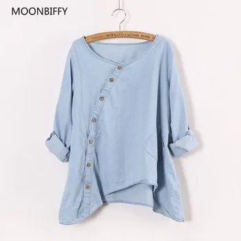

2019 New Maternity Women Shirt Slant Oblique Button Irregular Roll Up Sleeve Wash Blue Pocket Loose Casual Top Blouse