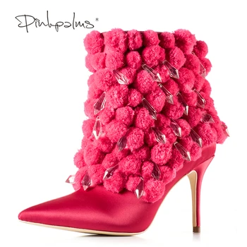 

Brand Pink Palms Winter Boots Women High Heel Boots Pointed Toe Ankle Boots for Women Fashion Design Plush women boots