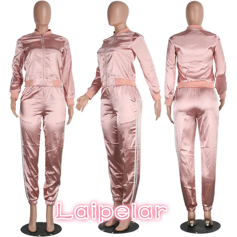 2018 Satin Tracksuit Women Spring Autumn Casual Two Piece Set (Zipper Jacket+Long Pants) Pink/Blue Female Pant Suit D35-AE-72 Women's Sets
