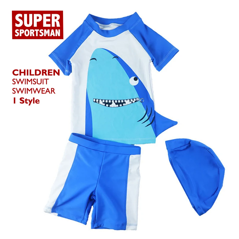 

Summer 2019 Rashguard Baby Boy Cartoon Shark Swimsuits Kids Swimming Shorts+tops+hat Children Swim Surfing Bathing Suit Swimwear