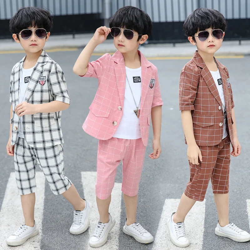

Baby Boys Suit for Kids Summer Teenager School Children Costume Shorts Plaid Pink Formal Suit Boys Kids Wedding Suits 12 14 Year
