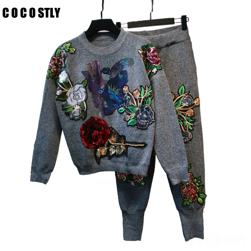 

2 Piece Set Women Sportswear Tracksuits Long Sleeve Women Suit Knitted Embroidery Sweater Pullover Top and Pants Suit