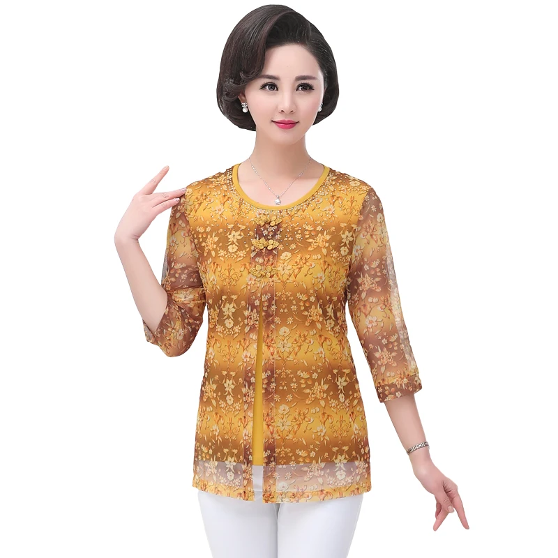 

three quarter sleeve fake two pieces top for women summer mesh tops stretch fashion plus size middle age mother t-shirt clothing