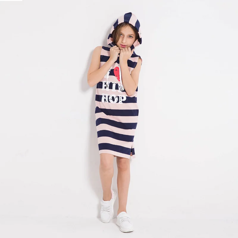 

Kid Dresses Striped Girl Summer Dress Sleeveless Hooded Pocket Sport Dress for Little Girl Size 6 7 8 9 10 12 14 years Children