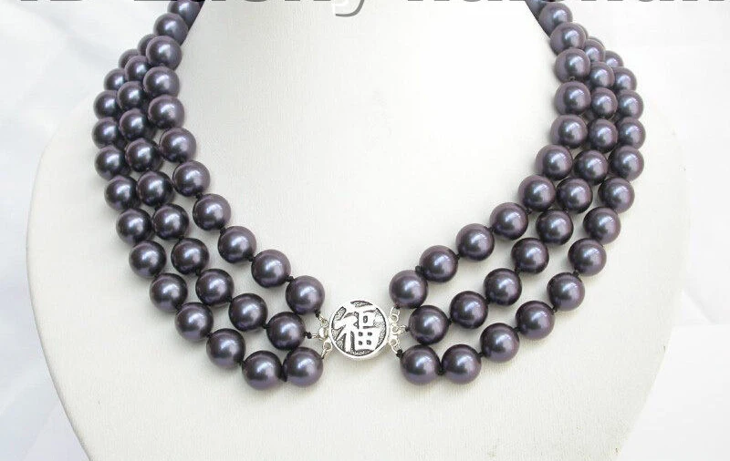 

FREE SHIPPING>>>@@ > 3row round navy blue sea shell pearls necklace 925SS ^^^@^Noble style Natural Fine jewe &