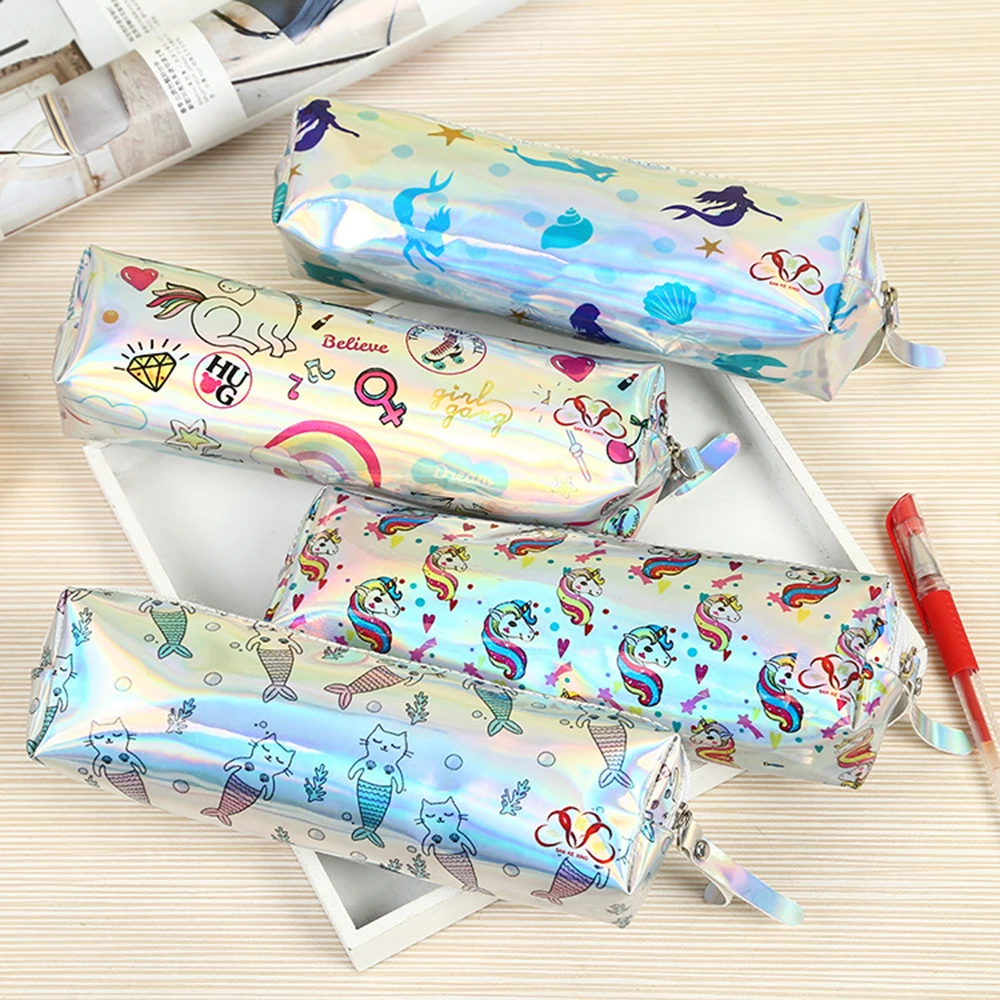 

Cartoon Laser Pencil Bag Case Unicorn Cat Mermaid School Cosmetic Bag Girl Women Student Stationery