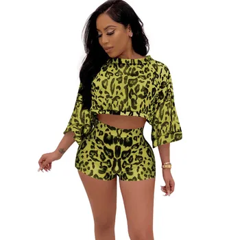 

Leopard Printed Sexy 2 Piece Sets Women Clothes Batwing Sleeve Crop Top and Shorts Sweat Suits Summer Casual Two Piece Outfits