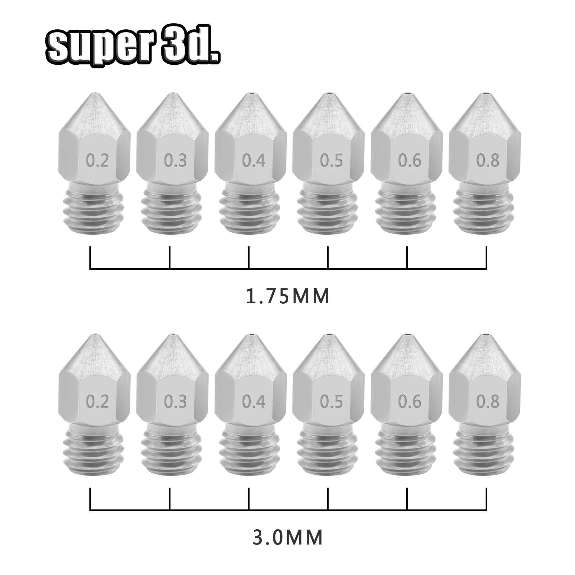 5 шт. MK8 сопла 0,2/0,3/0,4/0,5/0,6/0,8 мм 3D принтеры Запчасти экструдер с резьбой для 1,75/3,0 мм нити Нержавеющая сталь часть