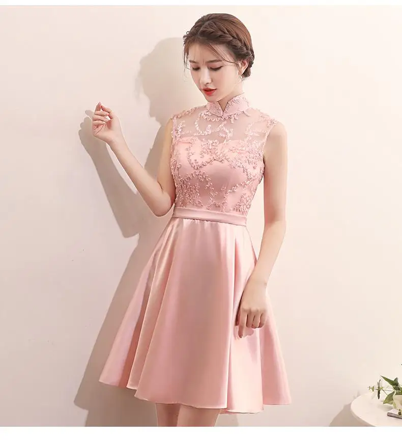

Summer Mini Dress Sexy Lace Slim Evening Dresses Bridesmaid Pink Wedding Cheongsam Sweet Toast Clothing Celebrity Bodycon Gowns