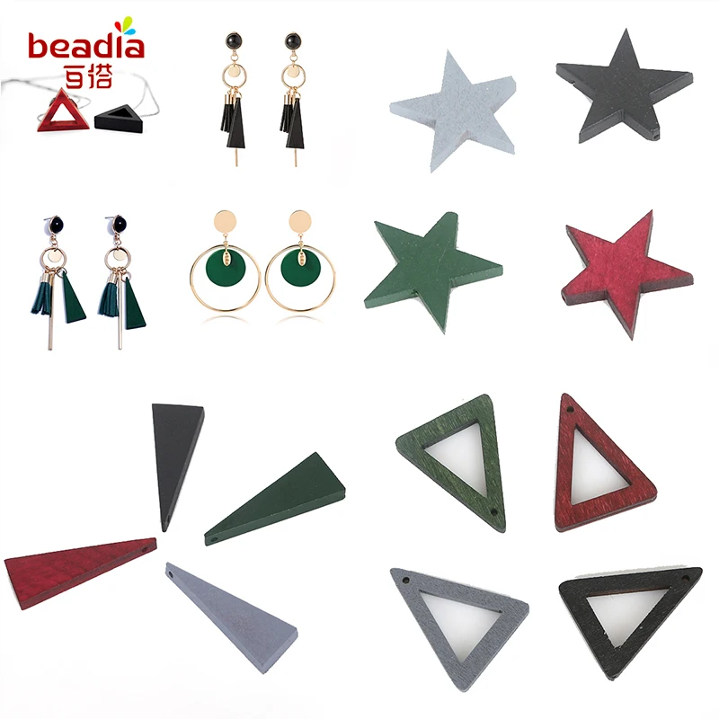 

Mix Size Pick 10-20pcs/Pack Wooden Charms Pendant Diy Fashion Earring Findings Round/Leaf/Hollow Triangle/Geometric Star Shape