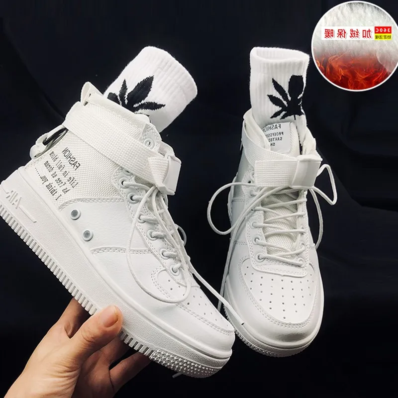 

2019 new plus velvet high help hip hop street dance women's shoes trend small white shoes casual shoes-1
