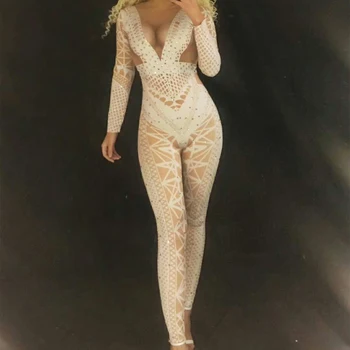 

Jazz Costumes Long Sleeve White Jumpsuit Birthday Outfit Bar Dj Sexy Nightclub DS Singer Stage Party Performance Wear DN2011
