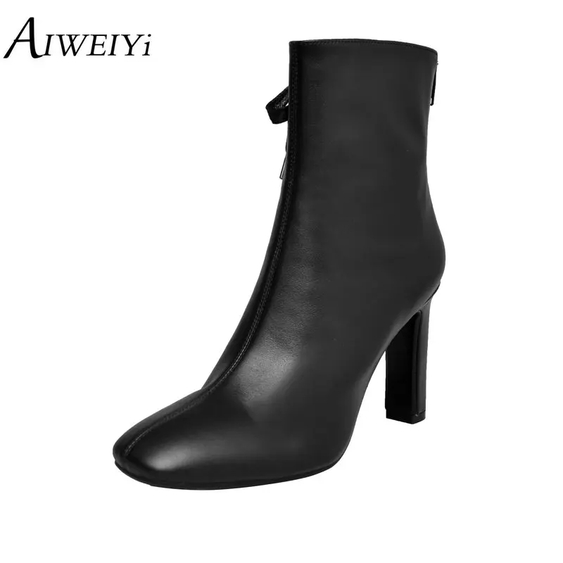 

AIWEIYi Genuine Leather Ankle Boots for Women Square Toe Thick Heel High Heels Platform Shoes Woman Autumn Winter Short Boots