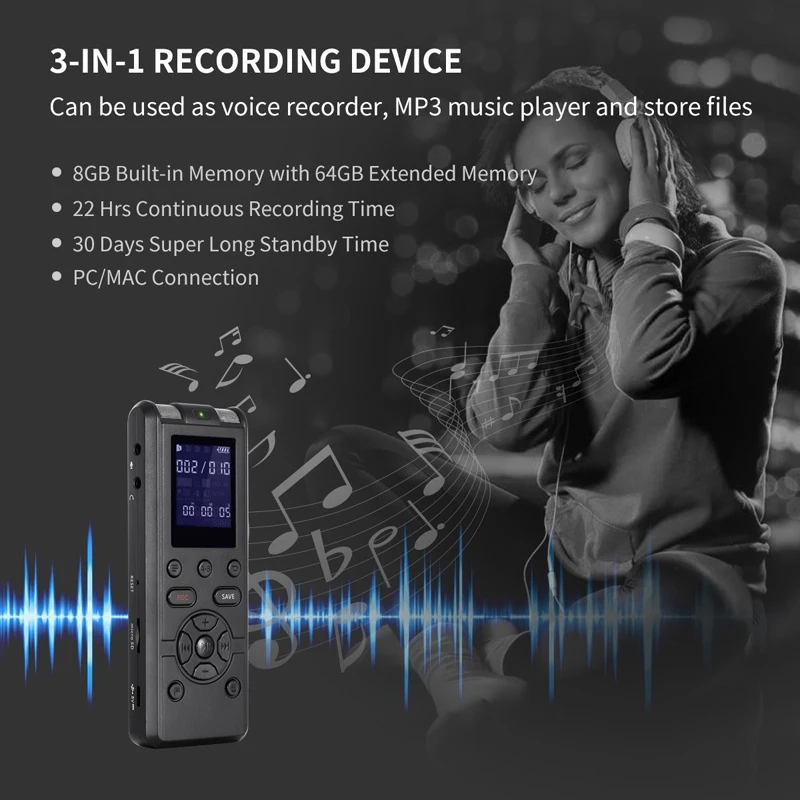 Professional Digital Voice Recorder Smart Sound Control Noise Reduction HD HIFI Loseless Music MP3 Player TF Card 64G Extend