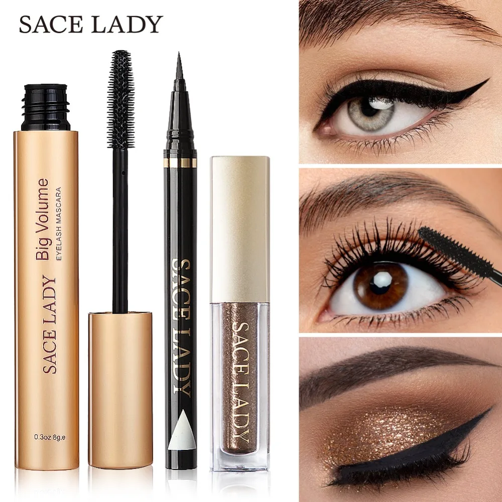 Kopen SACE LADY Professional Eye Make Up Set Glitter Oogschaduw Zwarte Eyeliner Mascara Make Up Oogschaduw Kit Merk Waterdichte Cosmetische
