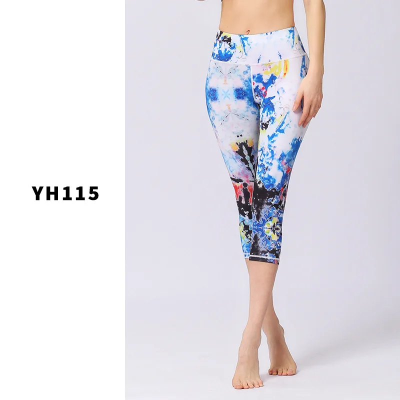 Женские Стрейчевые штаны для йоги с принтом, леггинсы для фитнеса, спортивные Леггинсы с высокой талией, женские укороченные штаны для йоги и бега, штаны для тренировок - Цвет: YH115
