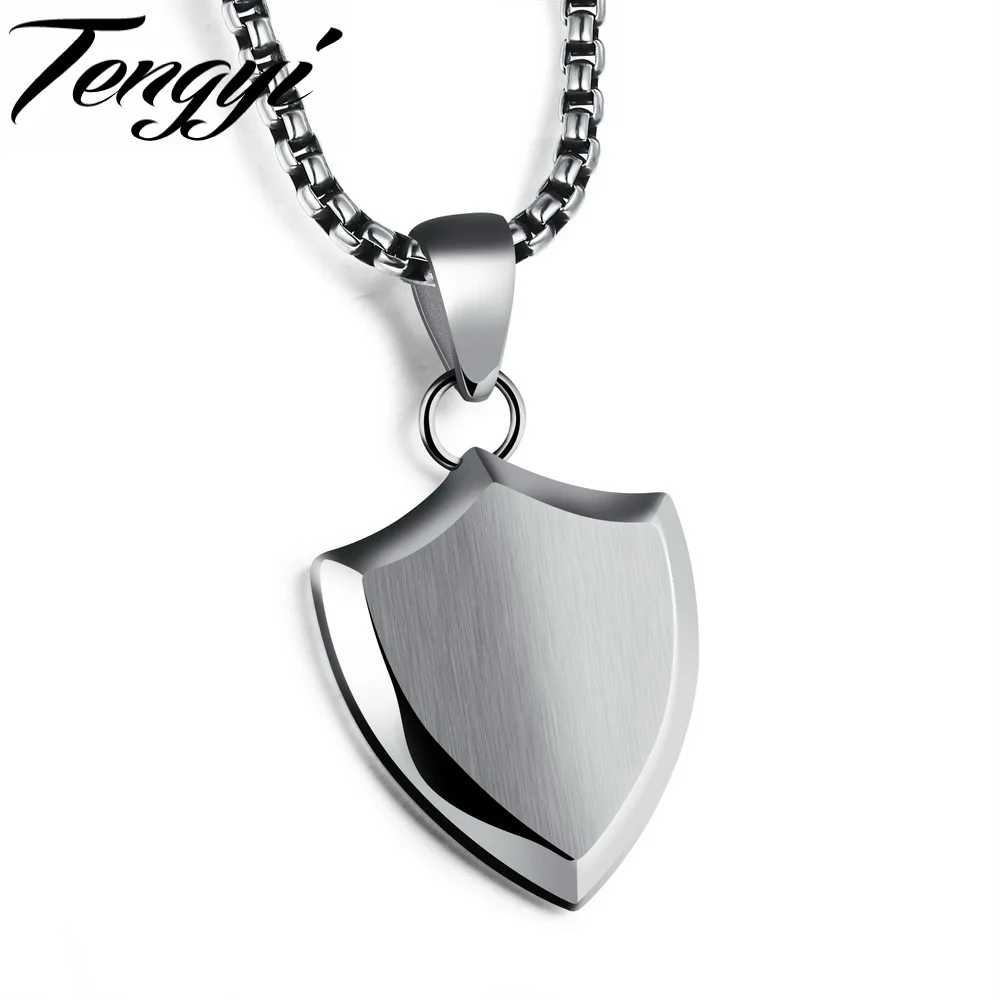 TENGYI Smooth Shield Pendant Men Necklaces Personality Can Engraved