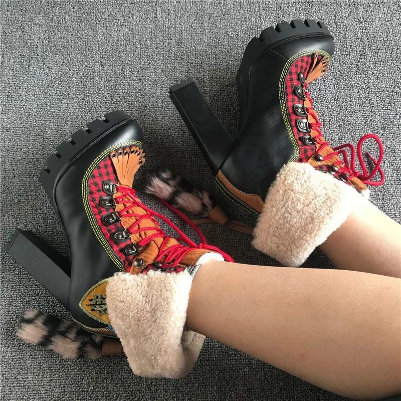Г., зимние женские ботинки в байкерском стиле на платформе и высоком каблуке, Botas Mujer, шерстяные зимние ботинки с бахромой и перекрестной шнуровкой ботильоны для женщин