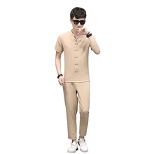 High Quality Solid Color Large Size Loose Casual Summer Thin Linen Set Men's  Slim Short-sleeved T-shirt +Trousers M-3XL