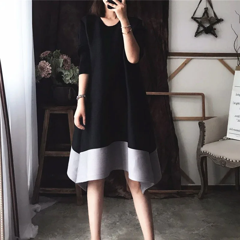 SHENGPALAE, новинка весны, два воротника, пэчворк, цвет, длинный рукав, свободный, большой размер, женское повседневное модное винтажное платье FB088 - Цвет: black dress
