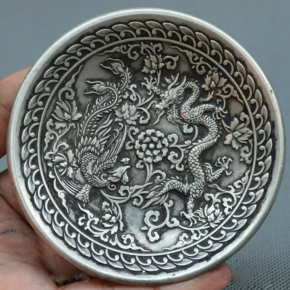 

FREE Shipping Collect Tibet Buddhism Old Miao silver plate carve dragon phoenix lucky plate