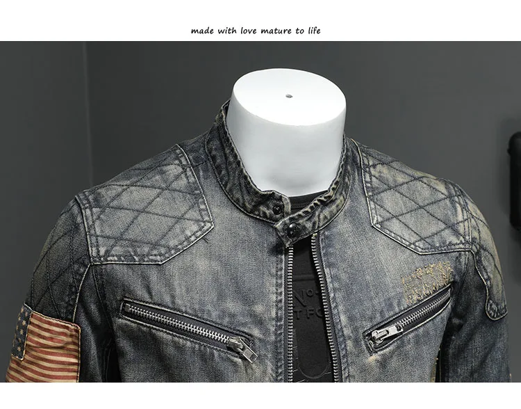 Куртка из денима джинсы Ретро Уличная Мужская Байкерская молния с отложным воротником для мужчин