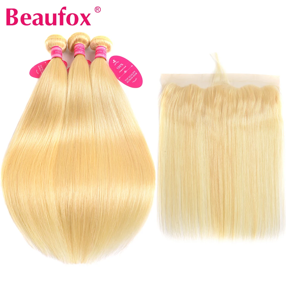 Beaufox 613 блондинка Связки с фронтальной прямые человеческие волосы Связки фронтальной бразильские волосы с закрытием ткань синтетическое
