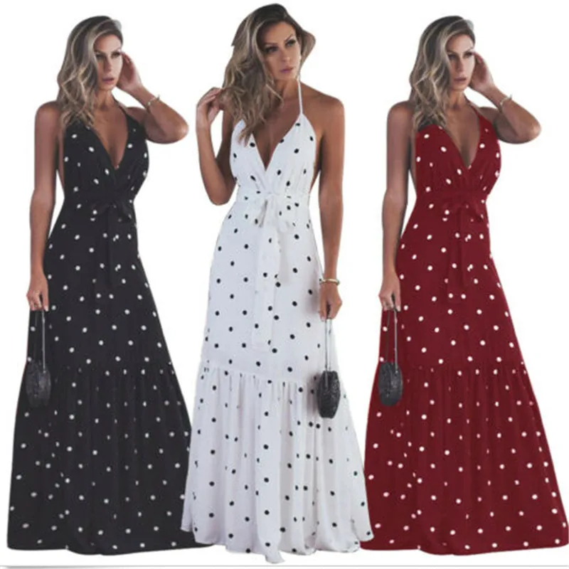 

Sleeveless Maxi Dress Women Polka Dot Print Sexy Long Dresses For Women Sling Spaghetti Strap Summer Party Dresses Lady Vestidos