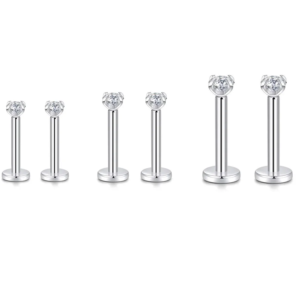 

3 Pcs Silver Round Lip Ring Zircon Anodized Internally Threaded Prong Gem Monroe 16G Tragus Helix Ear Piercing Earring Women