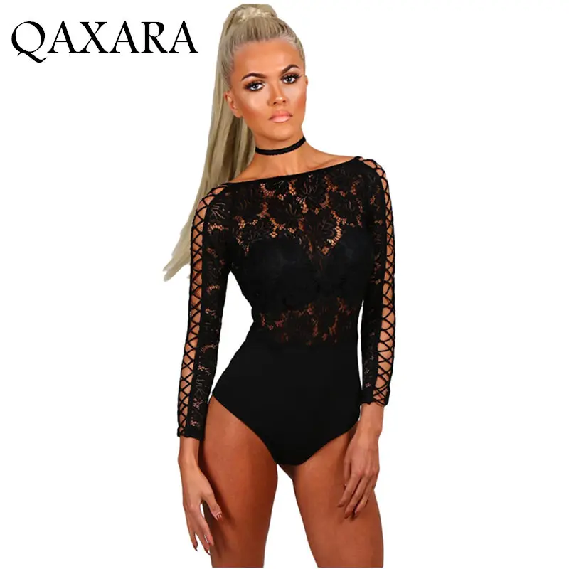 Hollow Out Black Women Bodysuit Crisscross Sleeve Sexy Mesh Jumpsuit