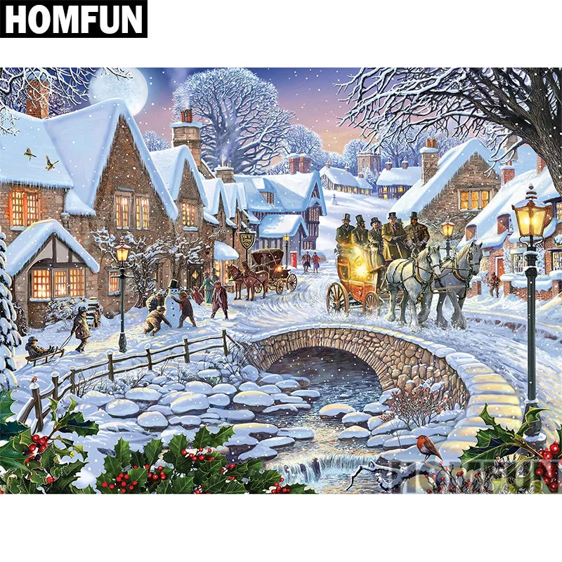 Алмазная живопись HOMFUN Зимняя деревня алмазная вышивка с полными