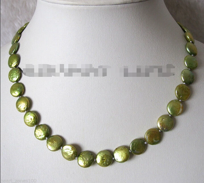 

FREE shipping>>>>Cute 18" 10-11mm Green Coin Freshwater Pearl Necklace C