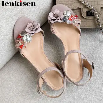 

Lenkisen pretty girls buckle strap thick high heels mixed colors women sandals peep round toe kid suede daily wear shoes L13