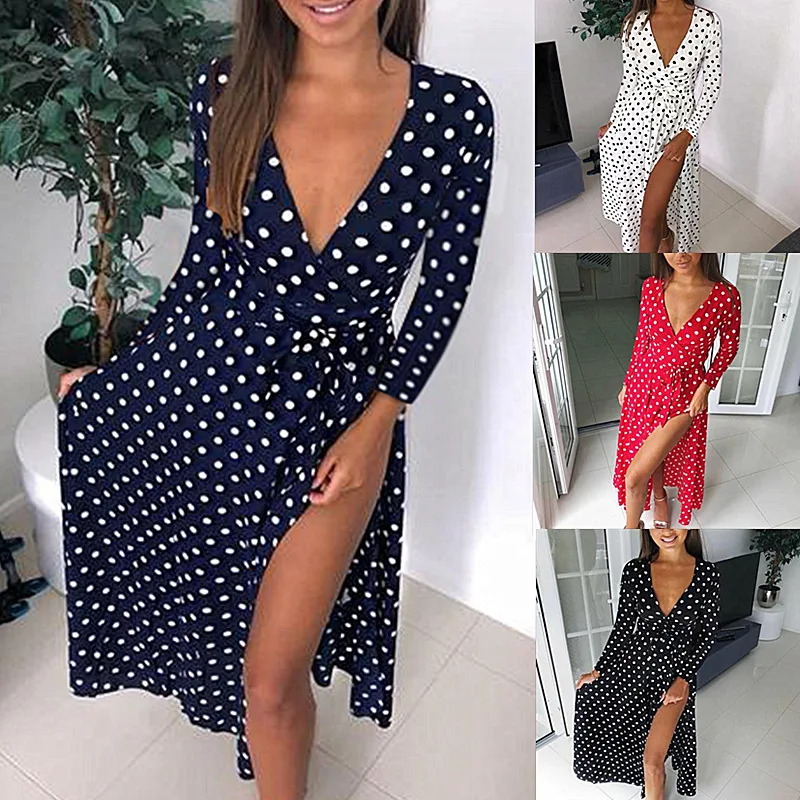 long sleeve navy polka dot dress