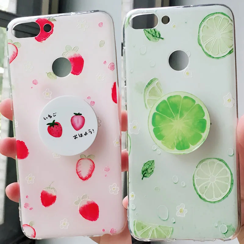 

3D Fruit Phone Case For Huawei p smart Case Cute Gift Soft Silicon Cases For Huawei p smart with holder wring Lemon Watermelon