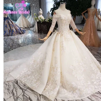 شراءصور حقيقية الراقية فيستدو دي نويفا الذهب الشمبانيا الدانتيل زين 3/4 الأكمام منتفخ الكرة ثوب الخرز فساتين الزفاف الفاخرة