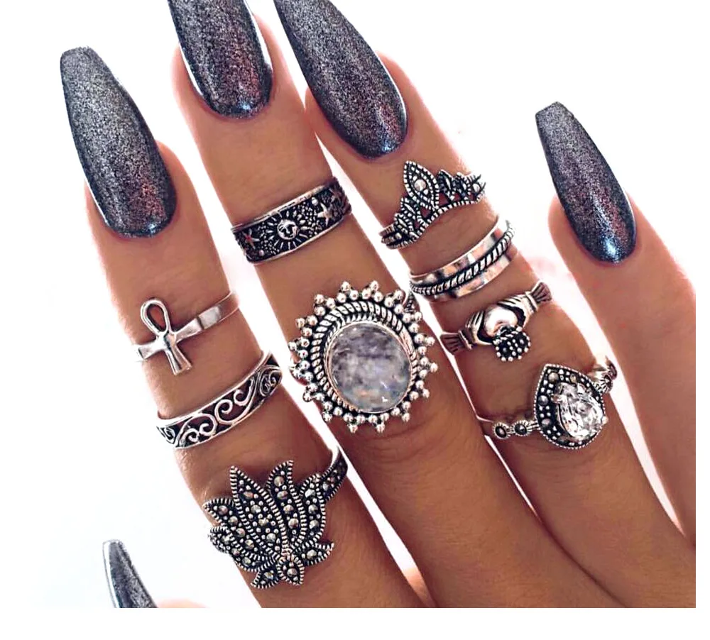 

Hot Vintage 9pcs/Set Bohemia Style Luxury Gems lotus Dropwater Waves Sun Combination Ring For Women Crystal Rings Wholesale