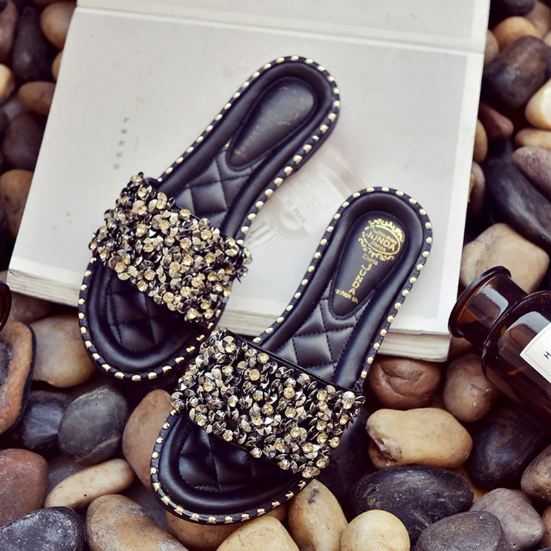 

Women Beach Flip Flops Slippers Flat Women Causal Shoes Woman Gold Slipper Slides Crystal Bling Sandals Female Slippers WF206