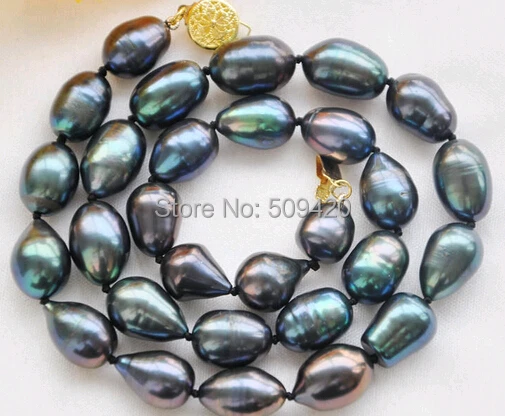 

Free Shipping>>17" 14mm peacock black rice freshwater cultured pearl necklace