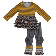 Automne Hiver Filles Boutique Top et Pantalon à Rayures Enfants Tenues À Volants Coton Nouveau-Né Bébé Vêtements Costumes Enfants Vêtements Ensembles F047
